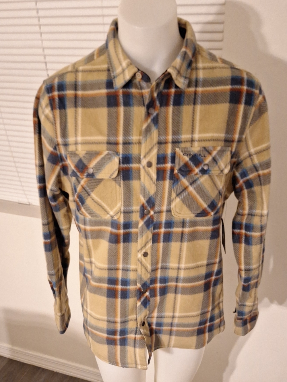 O'Neill Tan Plaid Button-Up Shirt with Blue and Brown Stripes